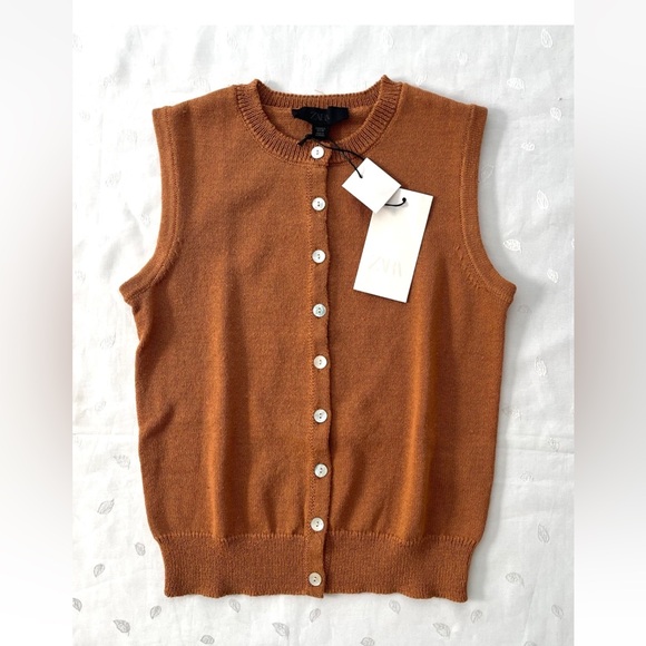 Zara Tops - Zara NWT tan rust orange button front knit vest cardigan